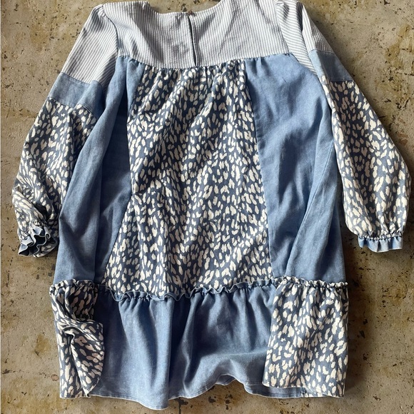 ODDI Blue and White Plus Striped Leopard Pattern Long Puff Sleeves Dress Sz 2XL - Picture 8 of 11